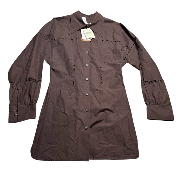 🤎 Nanushka Brown Laser-Cut Cotton Poplin Shirt Dress L Button Front Western🤎‎ - Picture 3 of 7